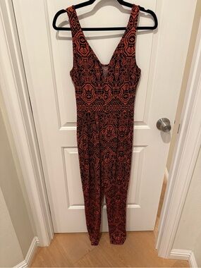 Sleeveless Black & Orange Geometric Jumpsuit